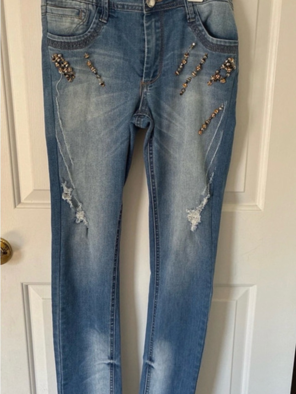 VENUS Light Blue Skinny Jeans with Bead Embellishments